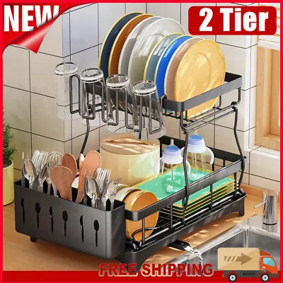 2 Tier Over The Sink Dish Drying Rack Stainless Steel Kitchen Dish Drainer Black • $26.98