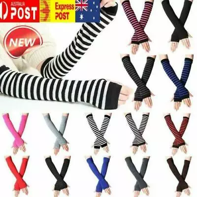 $4 • Buy Striped Knitted Fingerless Thumb Gloves Arm Warmers Women Girl Mittens Sun Proof