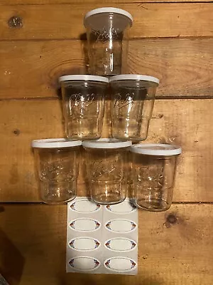 6 Vintage Ball Freezer Jam Jars With White Plastic Lids And Label Stickers NOS • $36