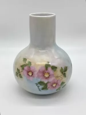 Vintage Hand Painted Signed Porcelain Vase M. Heller Pink Roses Cottagecore • $6.20