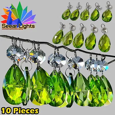 10 Sage Antique Green Chandelier Glass Crystals Oval Beads Droplets Light Parts • £24.99