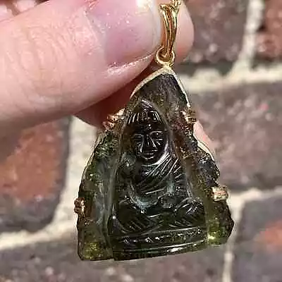 Moldavite Pendant (carving Rough) Buddha Or Lakshmi Goddess 14K GOLD Healing... • $2730