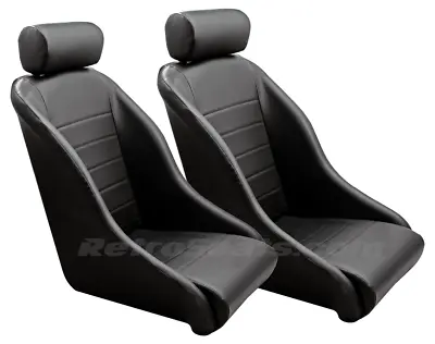 67912r Retro Classic Vintage Racing Bucket Seats Black Pvc / Pair W Sliders • $694.50