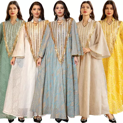Muslim Women Abaya Maxi Dress Long Sleeve Kaftan Moroccan Caftan Sequin Dresses • $52.67