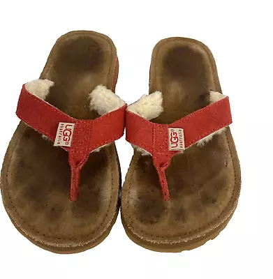 UGG Suede Sherpa Lined Flip Flop Thong  Women's Sandals Red Leather Size 5 • $32.39