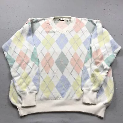 VINTAGE Paul Stuart Sweater Mens Large Green Pink Argyle V Neck Italy Knit • $49.99