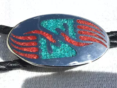 Southwestern Bolo Tie Turquoise Coral Inlaid Mosaic Bear Claw Pattern • $35