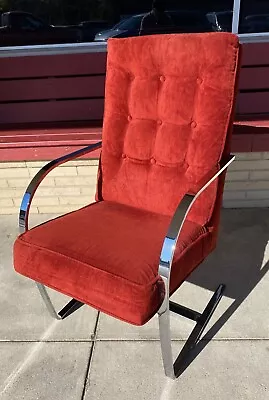 Vintage Mid Century Milo Baughman Style Lounge Arm Chair Chrome Rust Orange • $349.99