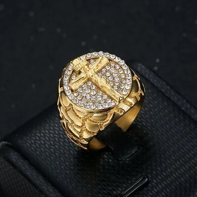 Hip Hop Stainless Steel Jesus Cross Casting Ring 18k Real Gold Plated Jewelry • $12.59