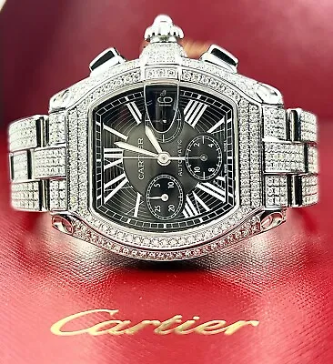 $10499 • Buy Cartier Roadster XL Men's Watch Black Dial 43mm Iced Out 13ct Diamonds Ref 2618