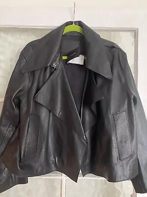 Massimo Dutti Black Leather Short Coat Jacket Six EL 14 16 NEW • £169