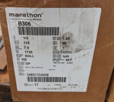 $248 • Buy Marathon B306 Electric Motor 1/2 Hp 115 V 1725 Rpm 48Y New 048S17D2058 (RA1C)