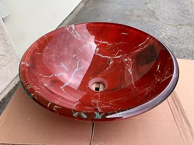 Red Marble Stone Pattern Bowl Shape Tempered Glass Vessel Sink • $95