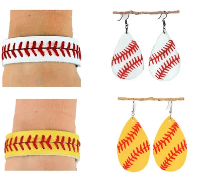 $12.50 • Buy Leather Sports Ball Lightweight Softball Baseball Bracelet Earrings Jewelry