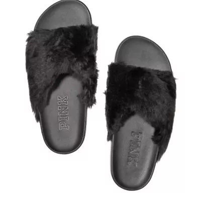 New Victorias Secret VS PINK Crisscross Slides Sandal Faux Fur Black L 9-10 NWT • $24.95