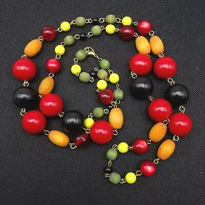 Multi Color Bead Necklace 36  Plastic & Wood Beads Red Yellow Green Black • $18.95