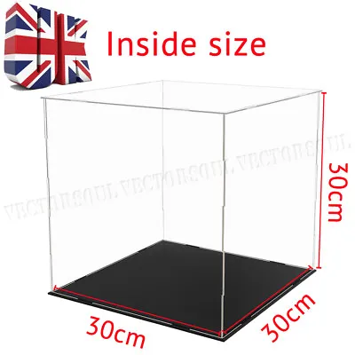 UK Acrylic Clear Cube Perspex Display Box Case 30cm Big Plastic Base Dustproof • £30.99