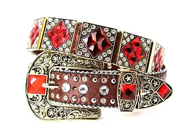 Western Belt Leather Bling Big Rhinestone Clear Coffee Red For Pants 30 • $59.99