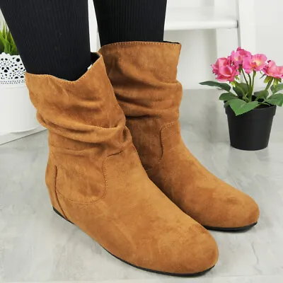 Pixie Ankle Boots Hidden Wedge Shoes Pull Ons Rouched Ladies Heels Womens Sizes • £21.99