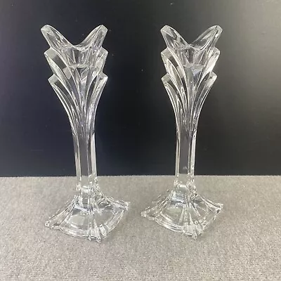 MIKASA Vintage Pair Candle Holders Art Deco Tulip Lead Crystal Collectible 9.5” • $24.99