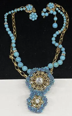 Miriam Haskell Signed Necklace Rare Vintage Gilt Turquoise Blue Glass Choker A30 • $524