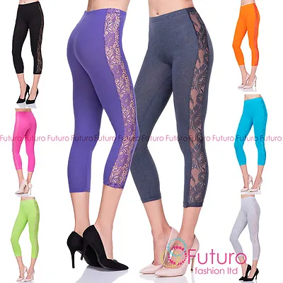 Cropped 3/4 Length Soft Cotton Leggings With Lace Womens Active Pants LPL34 • £14.99