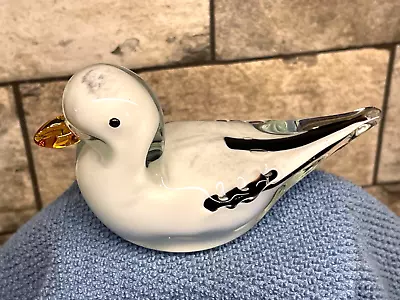 VTG MURANO Style Art Glass Duck Bird Figurine White Grey Clear Black 4.5  EUC • $7