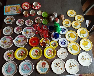 Vintage 70s? Metal Tin/plastic Kids Child Play Dishes 50+ Pieces • $26.99