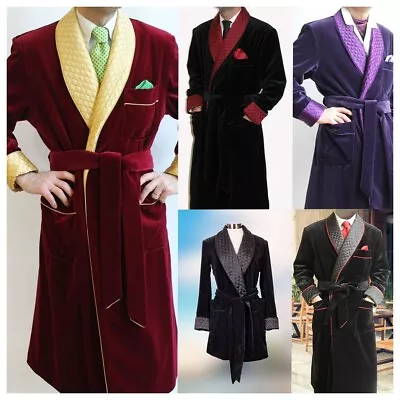 Velvet Quilted Robe For  Long Jacket Bathrobes Men Vintage Smoking Dressing Gown • $49.19