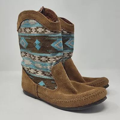 Minnetonka Boots Women 9 Brown Suede Turquoise Woven Moccasins Baja Booties • $40