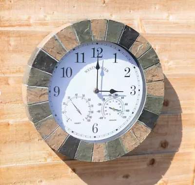 Outdoor Wall Clock Garden Stone Effect Battery Round Thermometer 35cm Indoor • £39.99