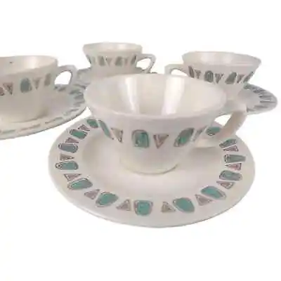 Vintage 1950s Set 4 Poppytrail Metlox Navajo Cups & Saucers California Stoneware • $32