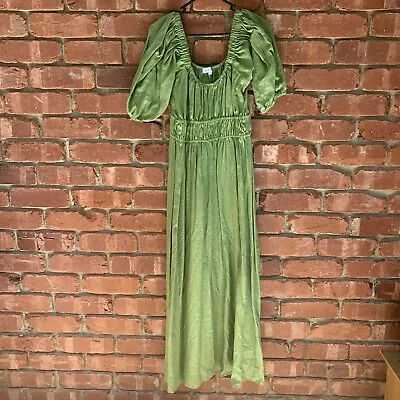 Aere Womens Maxi Dress Green Linen Party Balloon Sleeves Size 12 • $49.99