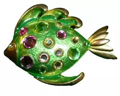 Vintage Rhinestone Enamel Green Fish Brooch Pin Signed Don-Lin Rhinestone • $14.08