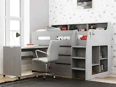 Grey Wooden Mid Sleeper Cabin Bed With Drawers Shelves Desk On Left 3ft Single • £379.95