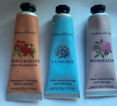 Crabtree & Evelyn 3 X Handcreams Pomegrante  Rosewater And La Source 25g Each  • £14.50