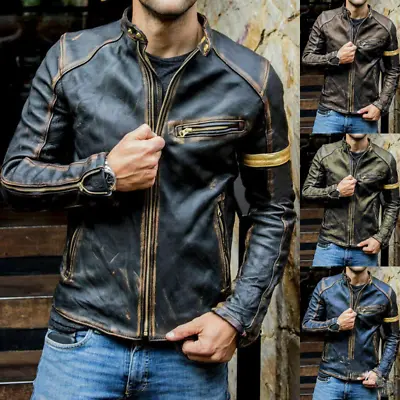 Men's Retro Leather Jacket Stand Collar Punk Men's Motorcycle Biker Jackets Coat • $50.06