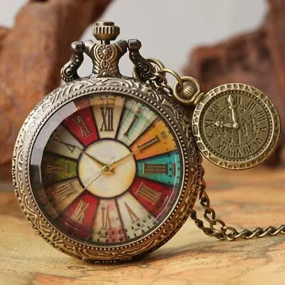 Steampunk Colorful Roman Number Dial Unisex Quartz Pocket Watch Necklace Chain • $4.59