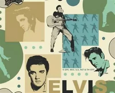 Elvis Presley Color Graphic Patch Beige Green Blue Cotton Fabric By 1/2 Yard • $7.50