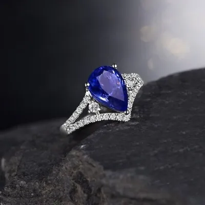 $352.70 • Buy 2CT Pear Shape Natural Sapphire Diamond Split Shank Ring Gift 14K White Gold FN