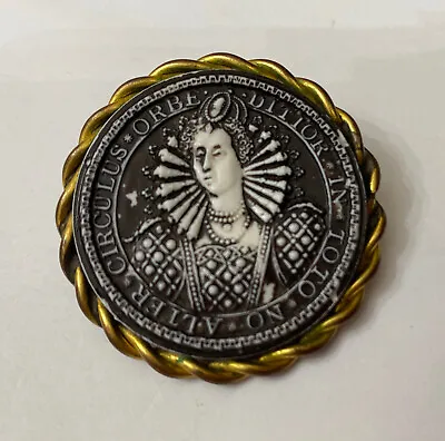 Vintage Gold Pressed Milk Glass Cameo Queen Elizabeth I 1st First Brooch Pin • £45