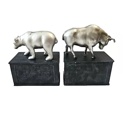 Vtg Pair Of Wall Street Stock Market Bookends Representing  Bear & Bull Market  • $35