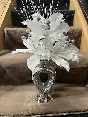 *NEW* Silver Bling Mosaic Mirror Decorated  Vase With White Flowers • £25