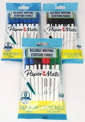 Paper Mate 8 Pack Mixed Black Or Blue Capped Ball Point Pens 1.0mm • £3.25