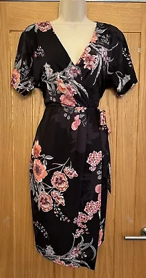Monsoon Ladies Black Pink Floral Faux Wrap Dress Tie Waist Size 8 10 36in Chest • £12.65
