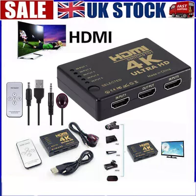 HDMI Switch 4K 5 Port Splitter HUB With IR Remote Auto HDMI Switcher 5 In 1 Out • £6.99