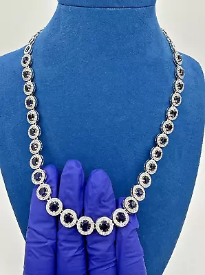 Sterling Silver 925 Lab Created Blue Sapphire Halo Tennis Cluster Necklace 18” • $325.99