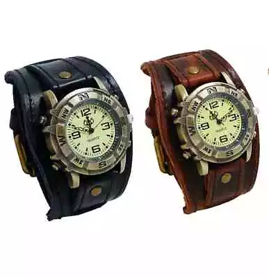 Vintage Steampunk Leather Cuff Bracelet Wide Band Quartz Wrist Watch • $10.99