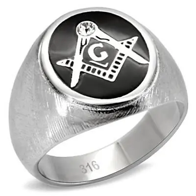 £18.95 • Buy Mens Masonic Ring 18k Silver Signet Pinky Diamond Oval Stainless Steel Black