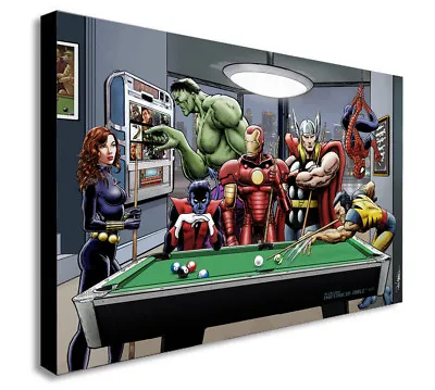 Superheroes Playing Pool - Canvas Framed Wall Art Print - Various Sizes • £12.99